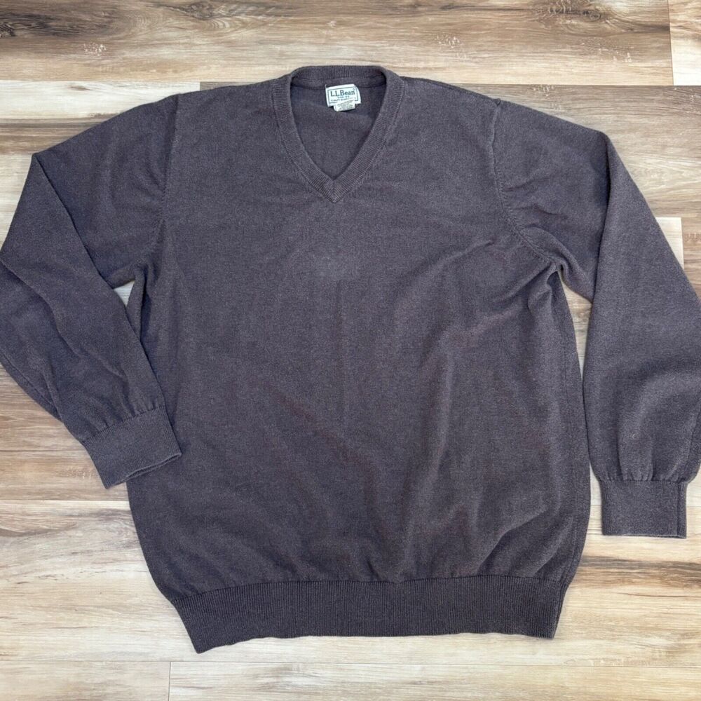 LL Bean Sweater Mens XL Cotton Cashmere Brown V Neck 274603